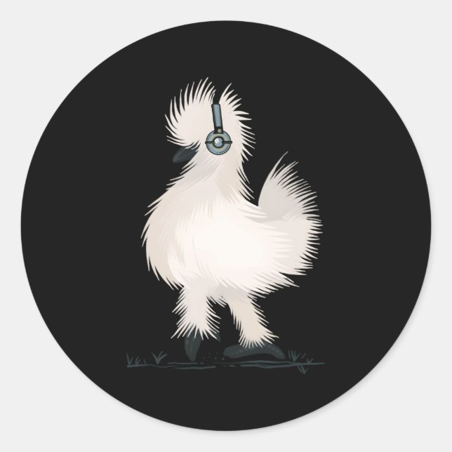 Pegatina Redonda Pollo Silkie Con Auriculares (Anverso)