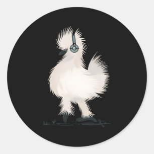 Pegatina Redonda Pollo Silkie Con Auriculares