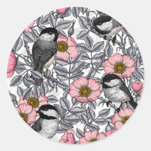 Pegatina Redonda Pollos en rosa silvestre, rosa y gris