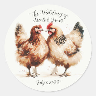 Pegatina Redonda Pollos marrones acuarela Boda Rústico