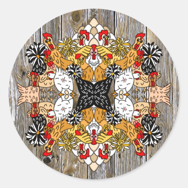 Pegatina Redonda Pollos Personalizados graciosos dibujados por la m (Anverso)