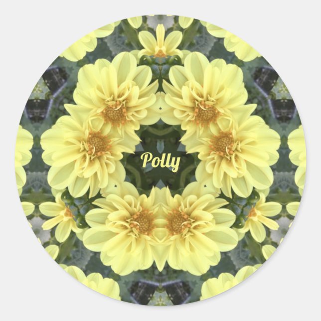 PEGATINA REDONDA POLLY ~ ORIENTAL DAHLIAS AMARILLO RELIGIOSO ~ (Anverso)