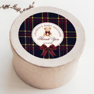 Pegatina Redonda Polo Teddy Bear Navidades Bow Plaid Gracias