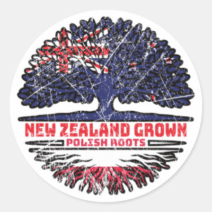 Pegatina Redonda Polonia Roots de árbol de Nueva Zelanda polaco