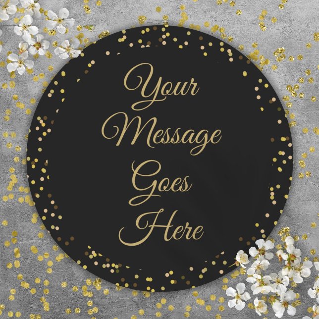 Pegatina Redonda Polvo de oro negro letra elegante (Black Gold Dust Elegant Script Classic Round Sticker)