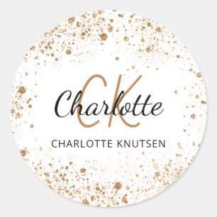 Pegatina Redonda Polvo de purpurina de oro blanco monograma inicial