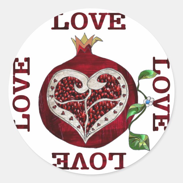 Pegatina Redonda Pomegranate Heart LOVE Valentine (Anverso)