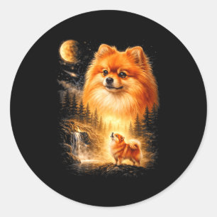 Pegatina Redonda Pomerania aullando a la luna vintage místico do