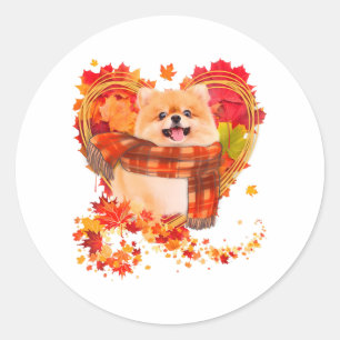 Pegatina Redonda Pomerania Con Corazón Hecho De Hojas De Otoño