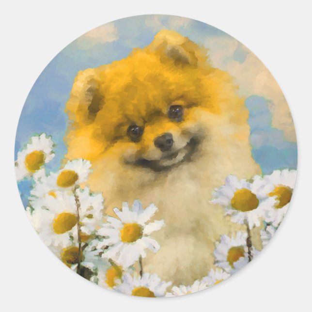 Pegatina Redonda Pomerania en pintura de Daisies - Arte de perro or (Anverso)