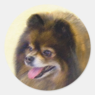 Pegatina Redonda Pomerania Negra y Tan Pintura Original de Perro