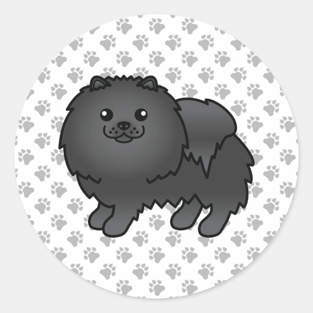 Pegatina Redonda Pomerania negro Perro de dibujos animados lindo y  (Anverso)