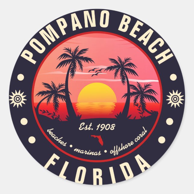 Pegatina Redonda Pompano Beach Florida Retro Sunset Souvenir (Anverso)