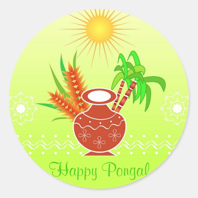 Pegatina Redonda Pongal - Festival del sur de la India (Anverso)