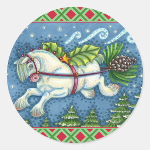PEGATINA REDONDA PONI VOLADOR DE NAVIDAD ADORABLE TIRANDO DE TRINEO