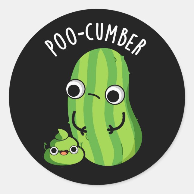 Pegatina Redonda Poo-cumber Funny Cucumber Pun Dark BG (Anverso)
