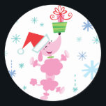 Pegatina Redonda Poodle Christmas Stickers<br><div class="desc">Un caniche rosado con sombrero de santa y regalos para equilibrar su nariz. La nieve colorida cae a su alrededor.</div>