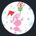 Pegatina Redonda Poodle Christmas Stickers<br><div class="desc">Un caniche rosado con sombrero de santa y regalos para equilibrar su nariz. La nieve colorida cae a su alrededor.</div>
