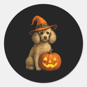 Pegatina Redonda Poodle Halloween Calabaza Gorra de Brujas Perro Fa