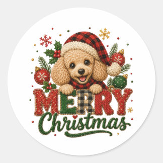 Pegatina Redonda Poodle lindo Feliz Navidad