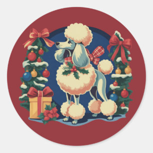 Pegatina Redonda Poodle Navideño Retro Antiguo Vacaciones Perro de