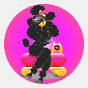 Pegatina Redonda Poodle negro retro en teléfono