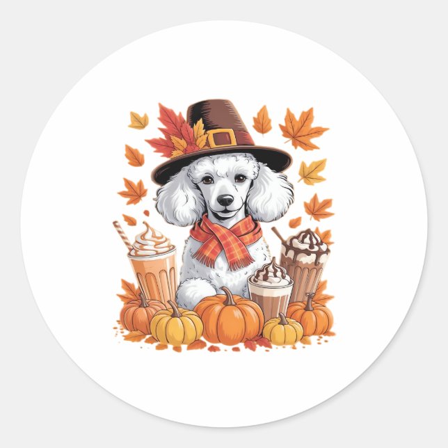 Pegatina Redonda Poodle Thanksgiving Drinks Coffee Fall Leaves Pump (Anverso)
