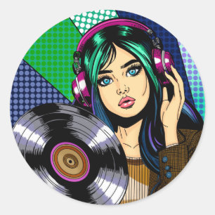 Pegatina Redonda Pop Art Chica con registro