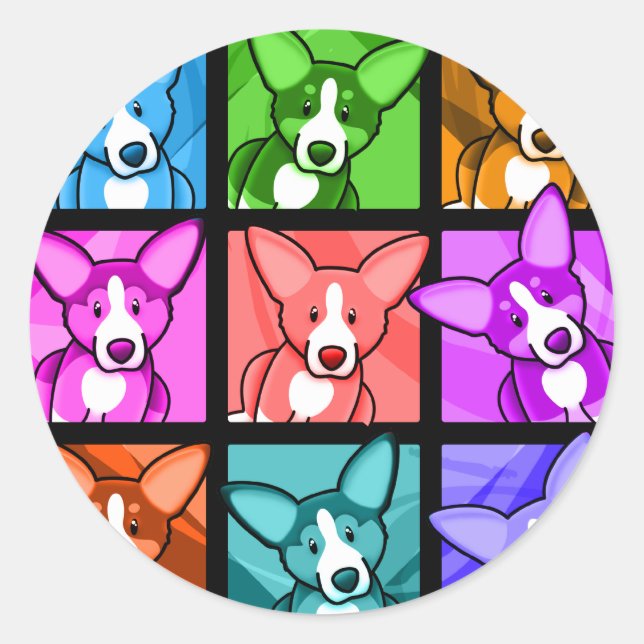 Pegatina Redonda Pop Art Corgi (Anverso)