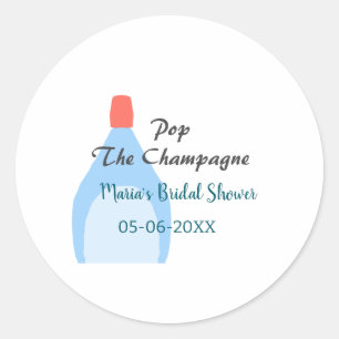 Pegatina Redonda Pop la ducha azul de novia Champagne marca la fech