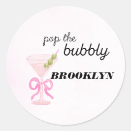 Pegatina Redonda Pop The Bubbly Martini Pink Bridal Sticker