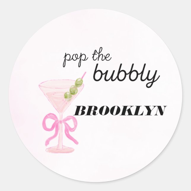 Pegatina Redonda Pop The Bubbly Martini Pink Bridal Sticker (Anverso)