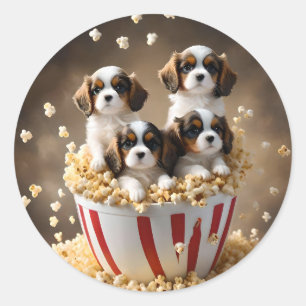 Pegatina Redonda Popcorn Cavalier Spaniel Puppies,