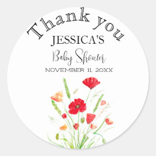 Pegatina Redonda Poppies Flores amapola a chica de Flor Silvestre B