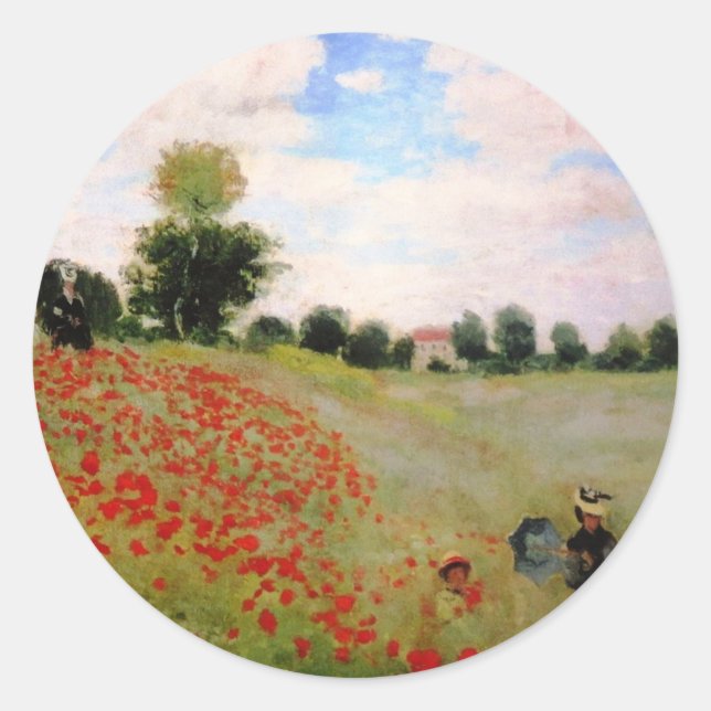 Pegatina Redonda Poppies rojos de Monet - Poppy Field Parasol (Anverso)