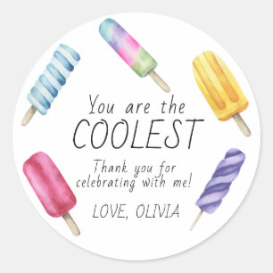 Pegatina Redonda Popsicle de cumpleaños de verano en acuarela graci
