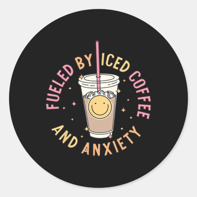 Pegatina Redonda Por Café Y Ansiedad En Hielo Concienciación Sobre  (Anverso)