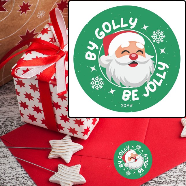 Pegatina Redonda Por Golly Be Jolly Cute Fun Santa Christmas Sticke (Available in 3 colors and 2 sizes of stickers. Also in Matte or Glossy. Add a year or leave blank. )
