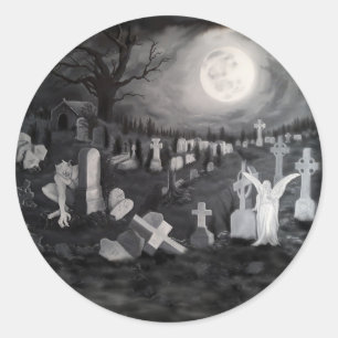 Pegatina Redonda Por la noche en el cementerio - Ángel con el diabl