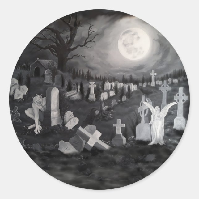 Pegatina Redonda Por la noche en el cementerio - Ángel con el diabl (Anverso)