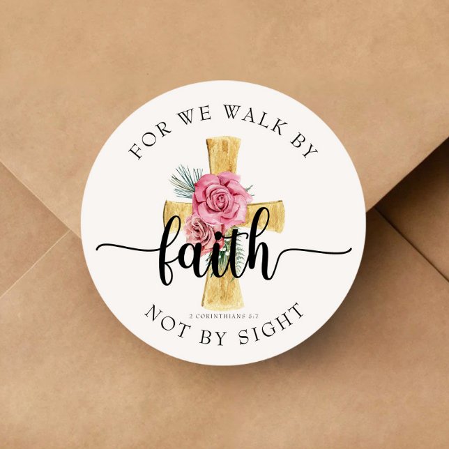 Pegatina Redonda Por Nosotros Caminamos Por La Fe / La Cruz Floral  (For We Walk By Faith / Floral Cross Christian Classic Round Sticker)