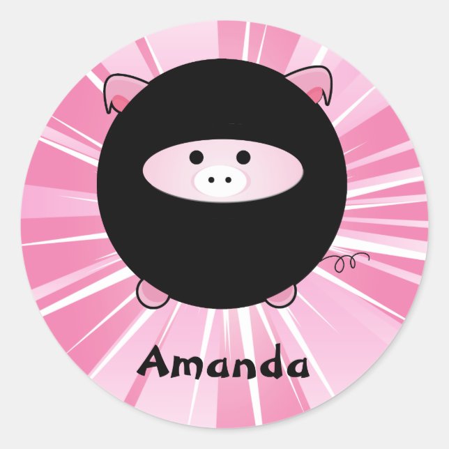 Pegatina Redonda Porcino Ninja personalizado en rosa (Anverso)
