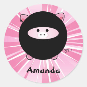 Pegatina Redonda Porcino Ninja personalizado en rosa