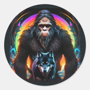 Pegatina Redonda Portal de Bigfoot y Lobo