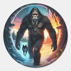 Pegatina Redonda Portal de Bigfoot y Lobo