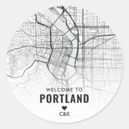 Pegatina Redonda Portland, Mapa de Oregon | Bienvenida Boda