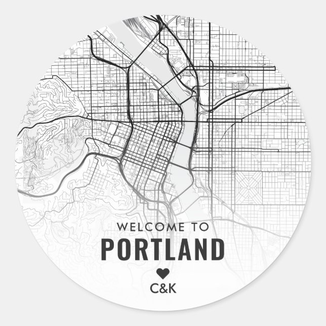 Pegatina Redonda Portland, Mapa de Oregon | Bienvenida Boda (Anverso)