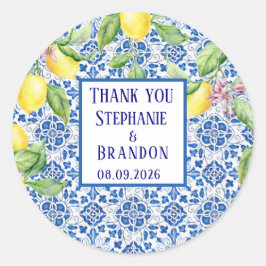 Pegatina Redonda Portuguese Tiles Lemons Mediterranean Wedding