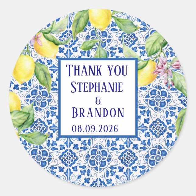 Pegatina Redonda Portuguese Tiles Lemons Mediterranean Wedding (Anverso)