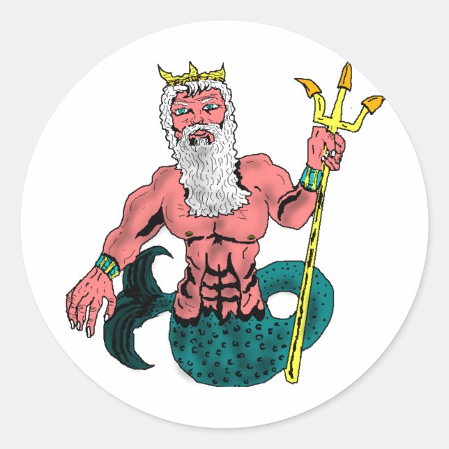 Pegatina Redonda Poseidón, el Dios griego del mar aguantando triden (Anverso)